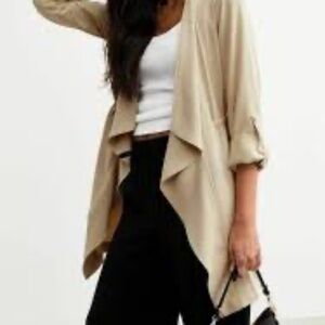 St John Luxury Brand Waterfall Collar Beige and Black Knit Duster